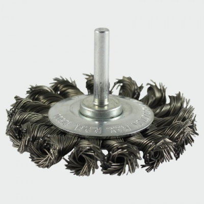 Shaft mounted twisted wheel brush 75mm diameter, 6mm shaft